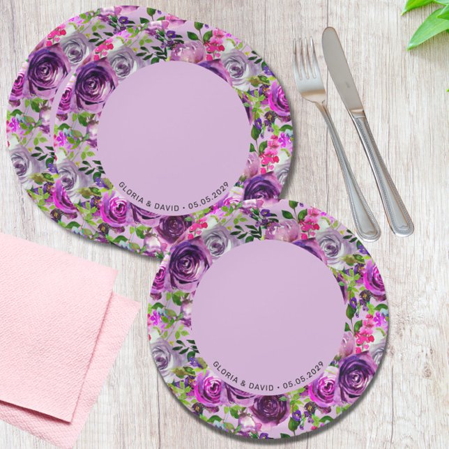 Plato De Papel Purple Floral Elegant  Wedding  (Subido por el creador)