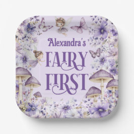 Plato De Papel Purple Floral Fairy First Birthday Square 