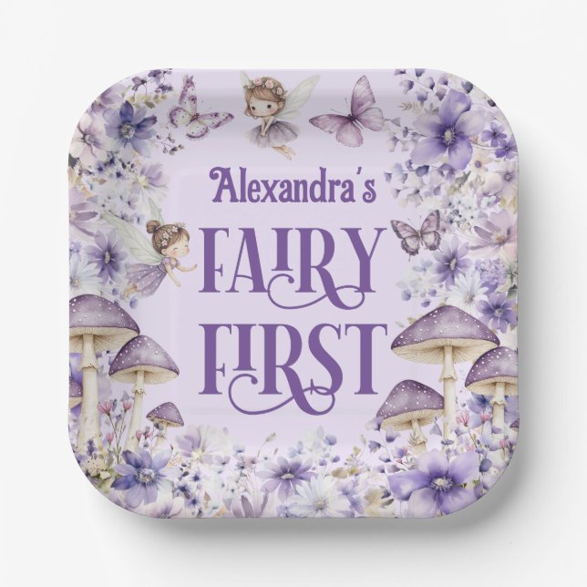 Plato De Papel Purple Floral Fairy First Birthday Square  (Anverso)
