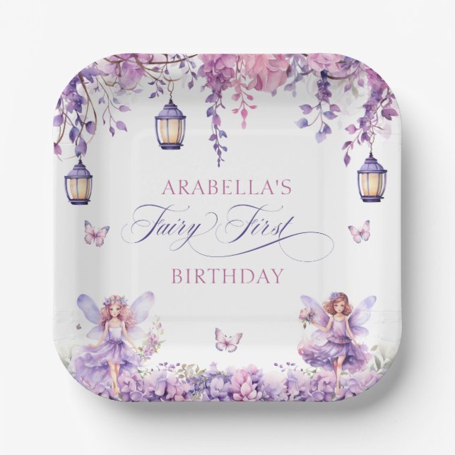 Plato De Papel Purple Floral Fantasy Fairy First Birthday (Anverso)