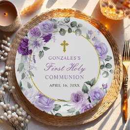 Plato De Papel Purple Floral Girl First Holy Communion