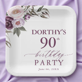 Plato De Papel Purple Floral Script 90th Birthday 