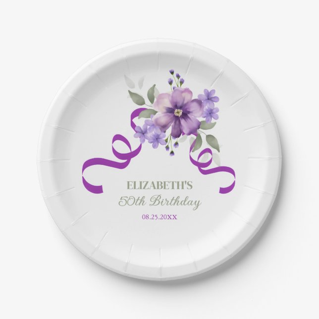 Plato De Papel Purple Flower Greenery Ribbon Birthday (Anverso)