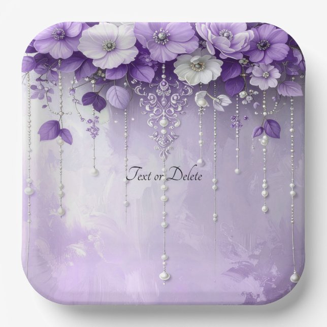 Plato De Papel Purple Flowers with Dangling Pearls Paper Plate (Anverso)