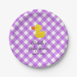 Plato De Papel Purple Gingham Rubber Duckie Baby Shower