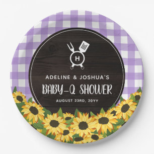 Plato De Papel Purple Gingham & Sunflowers Rustic Baby-Q Shower