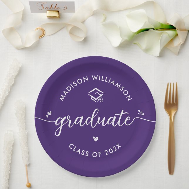 Plato De Papel Purple Graduation Script Hearts Cap Icon Modern (Boda)