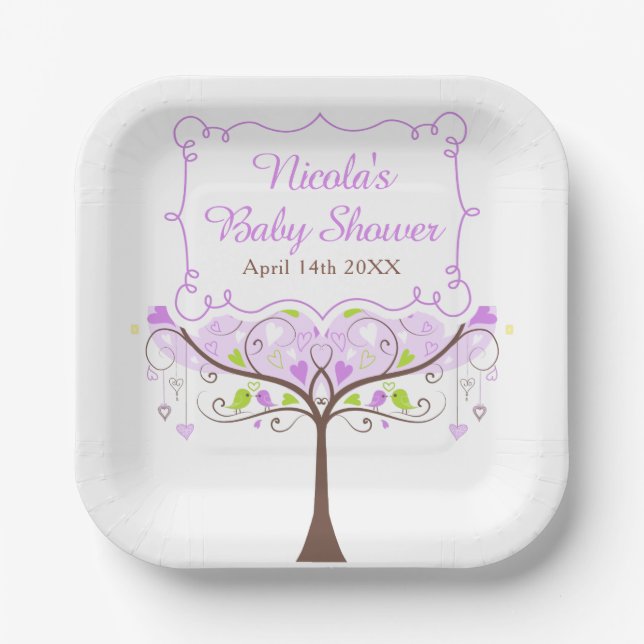 Plato De Papel Purple & Green Floral Bird Baby Shower (Anverso)
