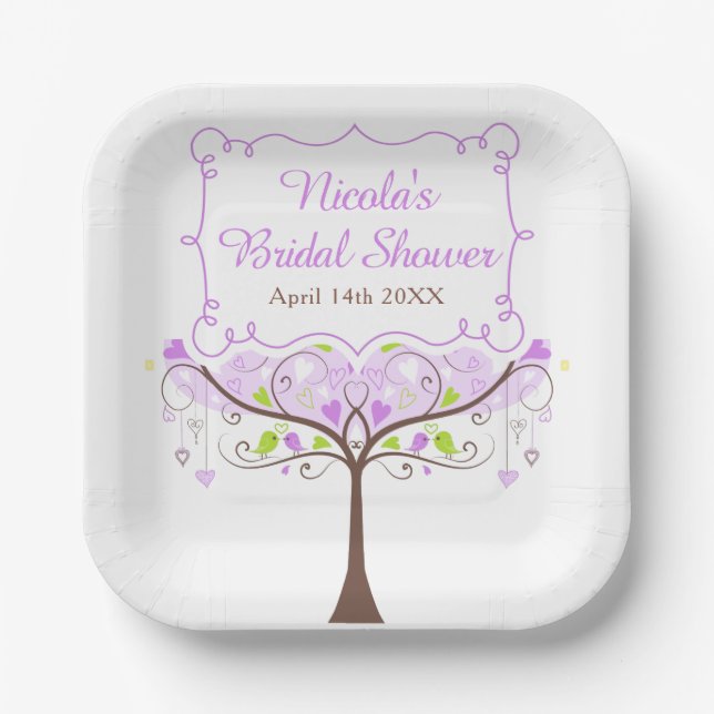 Plato De Papel Purple & Green Floral Bird Bridal Shower  (Anverso)