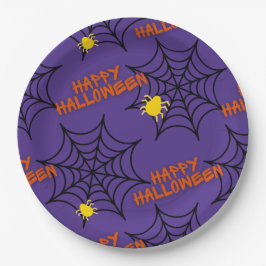 Plato De Papel Purple Happy Halloween Spider Web