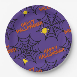 Plato De Papel Purple Happy Halloween Spider Web