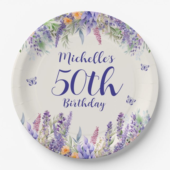 Plato De Papel Purple Lavender Floral 50th Birthday (Anverso)
