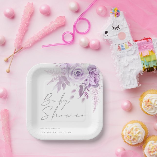 Plato De Papel Purple Lavender Floral Hermoso Baby Shower (Fiesta)