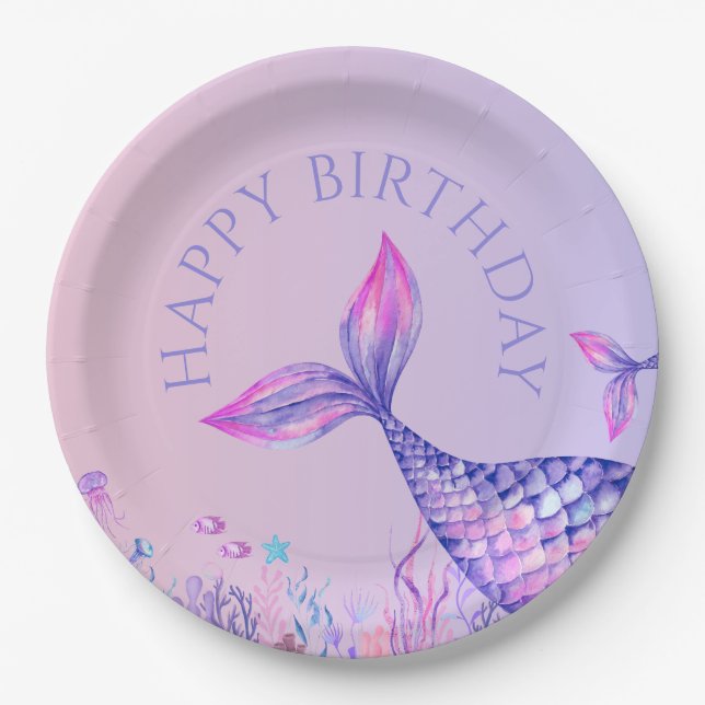 Plato De Papel Purple Mermaid Happy Birday Paper Plate (Anverso)