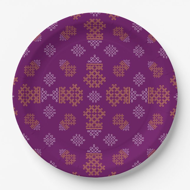 Plato De Papel Purple Minimal Tamil Kolam Pongal Design (Anverso)