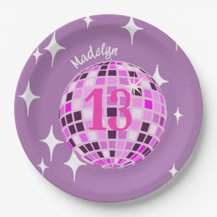 Plato De Papel Purple Modern Disco Mirror Ball 13 cumpleaños