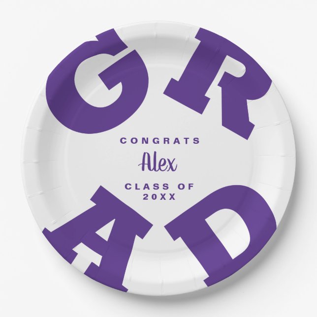 Plato De Papel Purple on White Bold Graduación (Anverso)