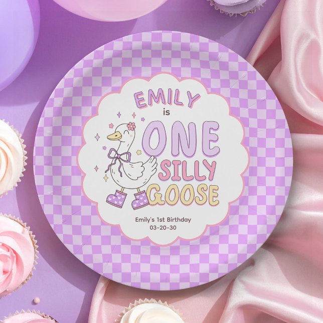 Plato De Papel Purple One Silly Goose - Retro Girl First Birthday (Purple One Silly Goose Birthday Paper Plates. Girl First Birthday Party Paper Plates.)