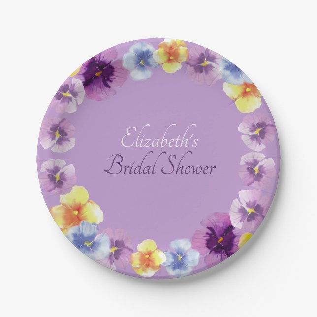 Plato De Papel Purple Pansies Garden Party Boho Bridal Shower (Anverso)