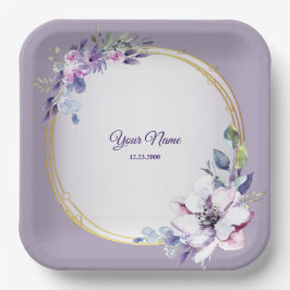 Plato De Papel Purple Pink Floral Watercolor Golden Wedding