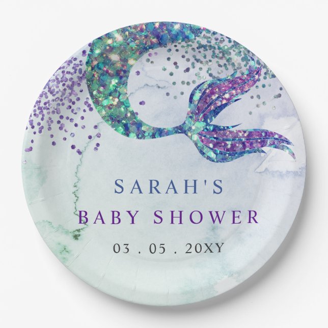 Plato De Papel Purple Purpurina Mermaid Baby Shower (Anverso)