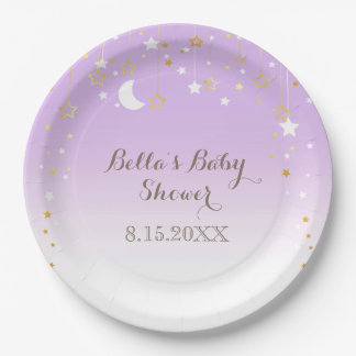 Plato De Papel Purple Stars Moon Baby Shower