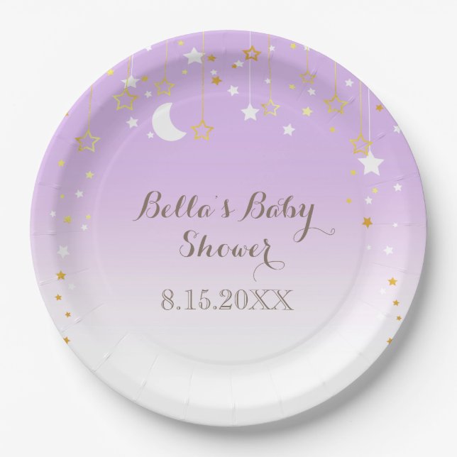 Plato De Papel Purple Stars Moon Baby Shower (Anverso)