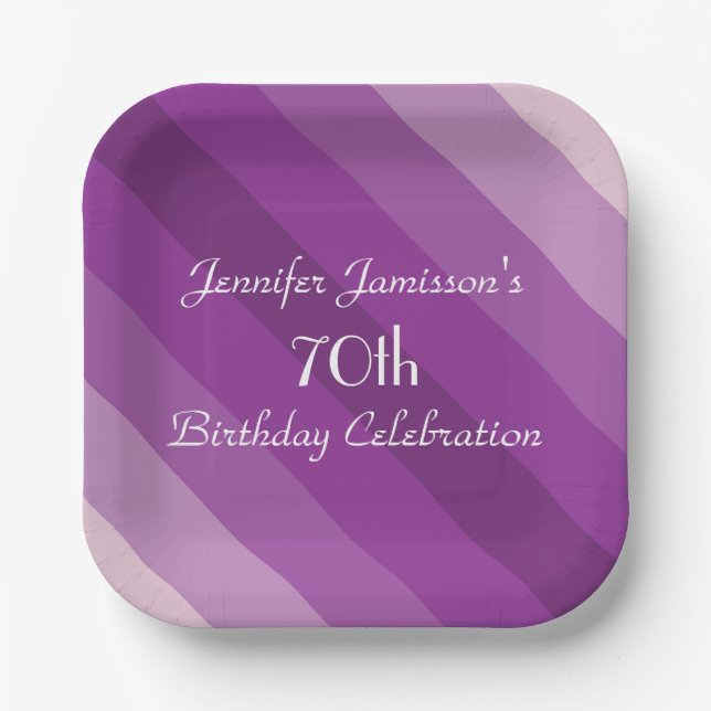 Plato De Papel Purple Striped 70th Birthday Party Name Simple (Anverso)