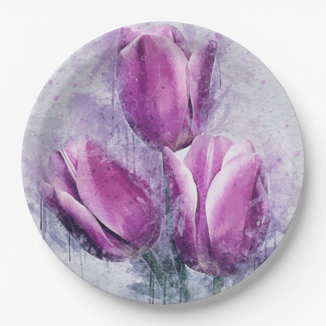Plato De Papel Purple Tulips Paper Plates (Anverso)