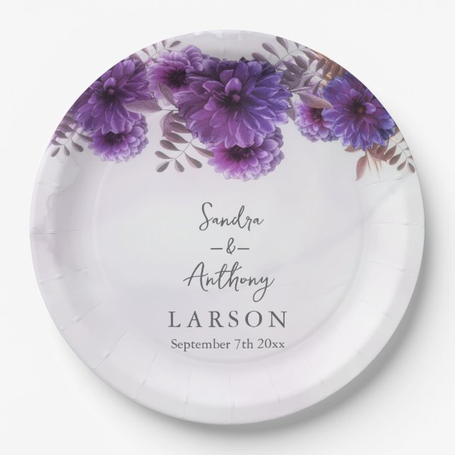 Plato De Papel Purple Watercolor Chrysanthemum Wedding (Anverso)