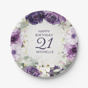 Plato De Papel Purple White Floral Happy Birday Name Age