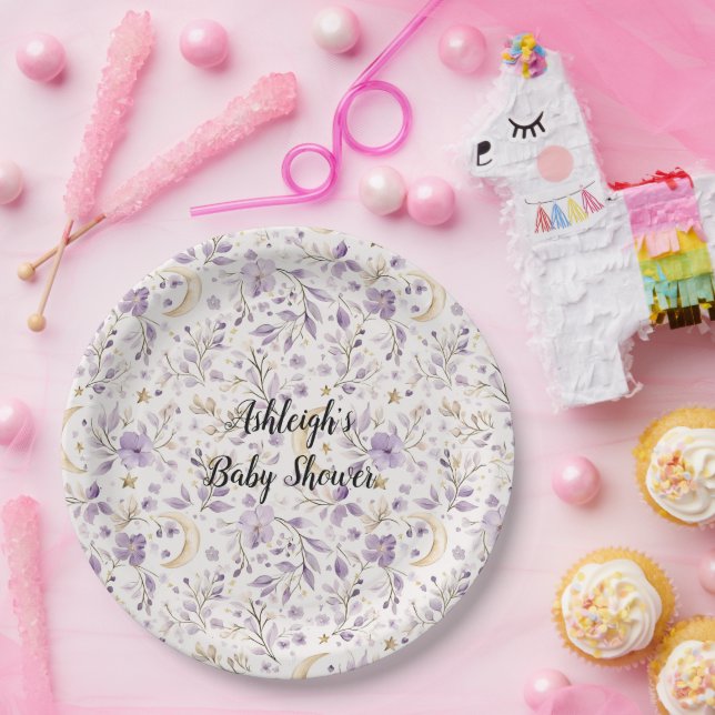 Plato De Papel Purple White Moons & Stars Floral Baby Shower (Fiesta)