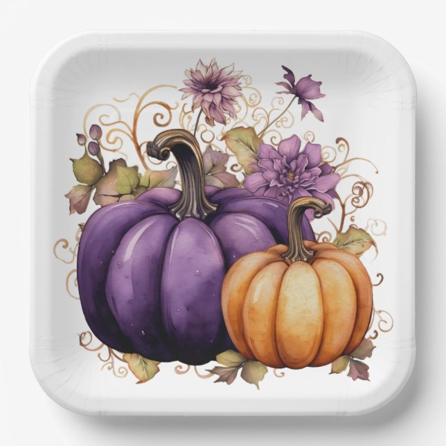 PLATO DE PAPEL PURPLE Y NARANJA FALL AUTUMN PUMPKINS (Anverso)