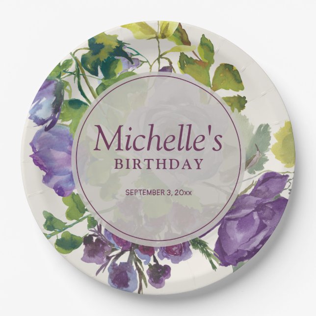 Plato De Papel Púrpura acuarela Floral Vines Nacimiento Fecha (Anverso)