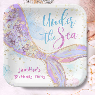 Plato De Papel Púrpura De Cumpleaños De Sirena Bajo Placas De Pap