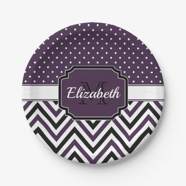 Plato De Papel Púrpura de puntos y cheurones (Anverso)