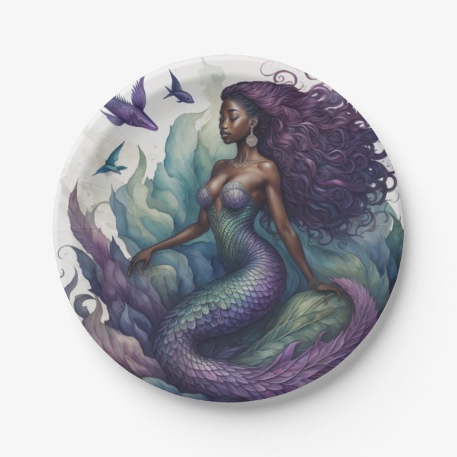 Plato De Papel Púrpura de sirena negra (Anverso)