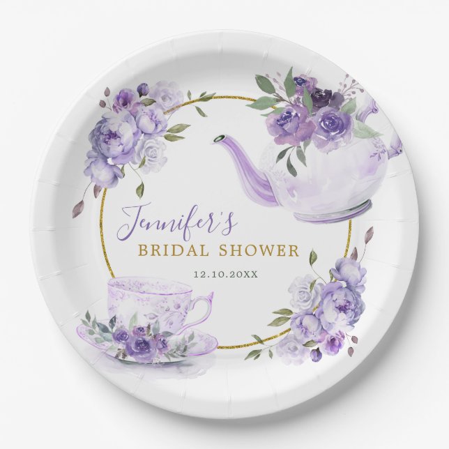 Plato De Papel Púrpura Floral Bridal Ducha Té Fiesta Papel Placa (Anverso)