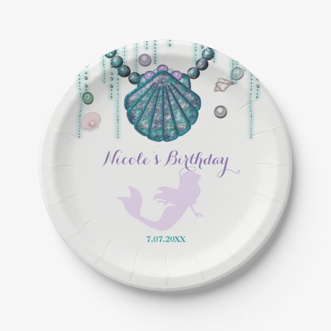 Plato De Papel Púrpura Mermaid Beach Bling Birthday Party Persona (Anverso)