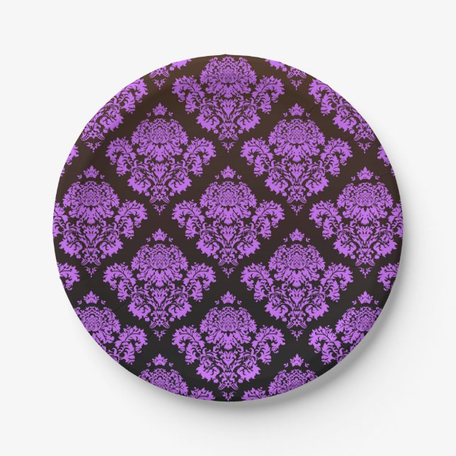 Plato De Papel púrpura, negro, damasco, vintage, antigüedad, (Anverso)