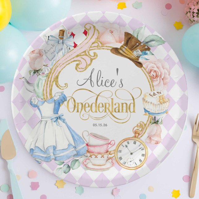 Plato De Papel Púrpura, Onederland, fiesta de té, Chica 1er cumpl (Purple, Alice Onederland, girl 1st birthday, Mad hatter tea party birthday paper plate.)