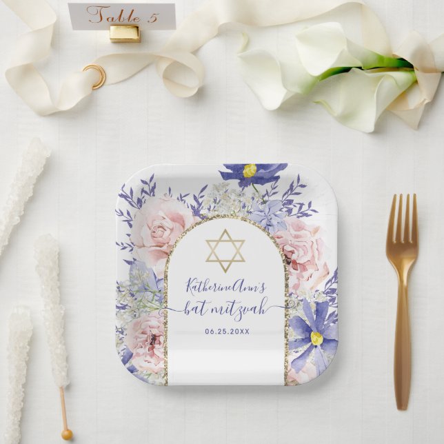 Plato De Papel Púrpura Pink Floral Gold Frame Bat Mitzvah (Boda)