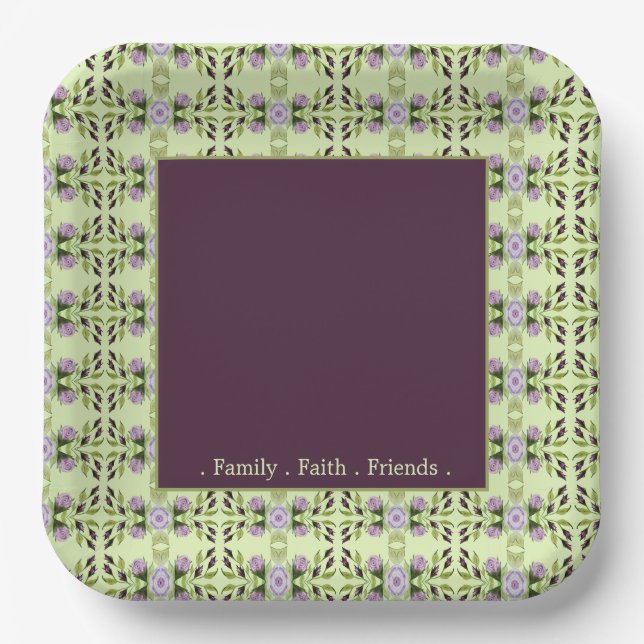 Plato De Papel Púrpura Pluma Floral Patterada (Anverso)