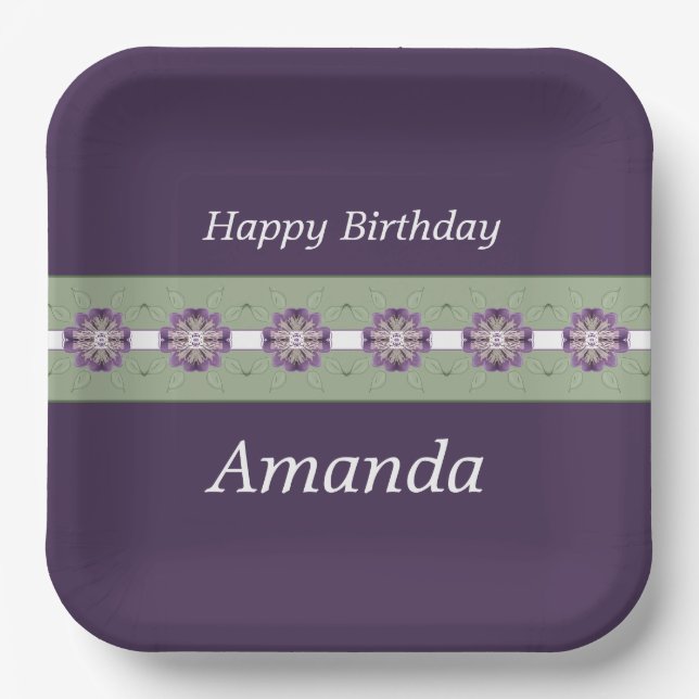 Plato De Papel Púrpura Profundo Con Acentos Florales (Anverso)