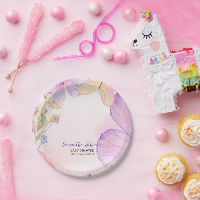 Plato De Papel Púrpura Rosa Oh Mariposa Bebé Ducha para bebé (Fiesta)