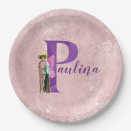 Plato De Papel Púrpura Shimmer Letra ilustrada P Añadir nombre