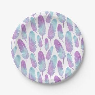 Plato De Papel Púrpura y azul de la acuarela de la pluma de Boho