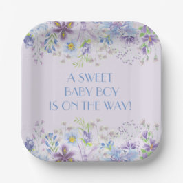 Plato De Papel Púrpura y azul Floral Boy Shower