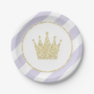 Plato De Papel Púrpura y princesa Crown Party Plates del oro