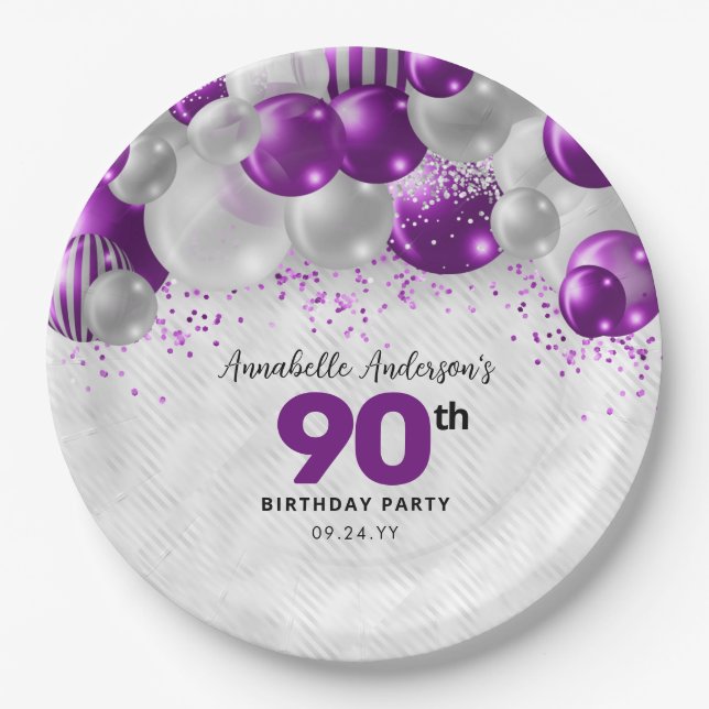 Plato De Papel Purpurina 90º cumpleaños del globo de plata violet (Anverso)